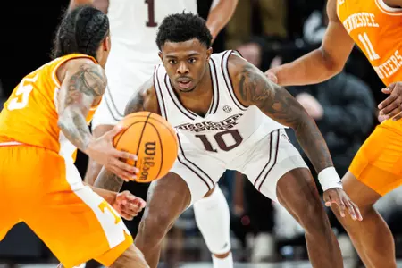STARKVILLE, MS - January 10, 2024 - Mississippi State Guard Dashawn "Rams" Davis (#10) during the game between the Tennessee Volunteers and the Mississippi State Bulldogs at Humphrey Coliseum in Starkville, MS. Photo By Bailey Black