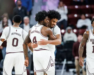 STARKVILLE, MS - January 10, 2024 - Mississippi State Guard/Forward Cameron Matthews (#4) and Mississippi State Forward Tolu Smith III (#1) during the game between the Tennessee Volunteers and the Mississippi State Bulldogs at Humphrey Coliseum in Starkville, MS. Photo By Bailey Black