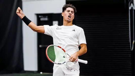 STARKVILLE, MS - January 14, 2024 - Mississippi State's Roberto Ferrer Guimaraes during the match between the Northern Illinois Huskies and the Mississippi State Bulldogs at the Rula Tennis Pavilion in Starkville, MS. Photo By Ivy Rose Ball