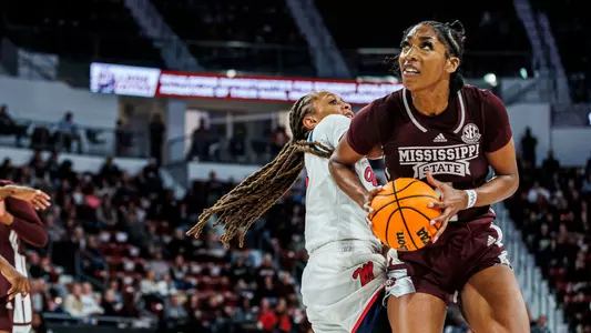 STARKVILLE, MS - January 14, 2024 - Mississippi State Forward/Center Jessika Carter (#4) during the game between the Ole Miss Rebels and the Mississippi State Bulldogs at Humphrey Coliseum in Starkville, MS. Photo By Jaden Powell