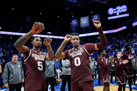 LEXINGTON, KY - January 17, 2024 - Mississippi State Guard Shawn Jones Jr. (#5) and Mississippi State Forward DJ Jeffries (#0) during the game between the Kentucky Wildcats and the Mississippi State Bulldogs at Rupp Arena in Lexington, KY. Photo By Mike Mattina