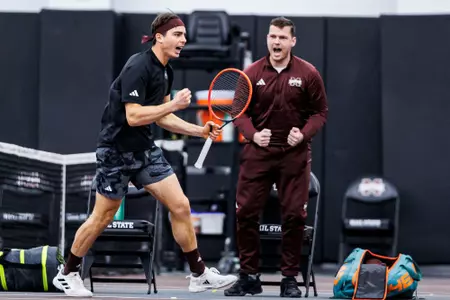 STARKVILLE, MS - January 19, 2024 - Mississippi State's Nemanja Malesevic and Mississippi State's Michal Novansky during the match between the Florida State Seminoles and the Mississippi State Bulldogs at the Rula Tennis Pavilion in Starkville, MS. Photo By Jaden Powell