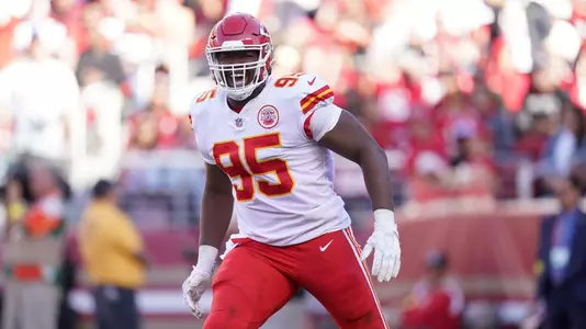 Oct 23, 2022; Santa Clara, California, USA; Kansas City Chiefs defensive tackle Chris Jones (95) reacts after the Chiefs recorded a safety against the San Francisco 49ers in the fourth quarter at Levi's Stadium. Mandatory Credit: Cary Edmondson-USA TODAY Sports