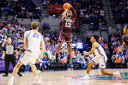 GAINESVILLE, FL - January 24, 2024 - Mississippi State Guard Josh Hubbard (#13) during shoot around before the game between the Florida Gators and the Mississippi State Bulldogs at Stephen C. O’Connell Center in Gainesville, FL. Photo By Jaden Powell