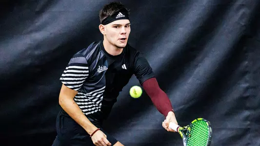 STARKVILLE, MS - January 14, 2024 - Mississippi State's Dusan Milanovic during the match between the Chattanooga Mocs and the Mississippi State Bulldogs at the Rula Tennis Pavilion in Starkville, MS. Photo By Bailey Black