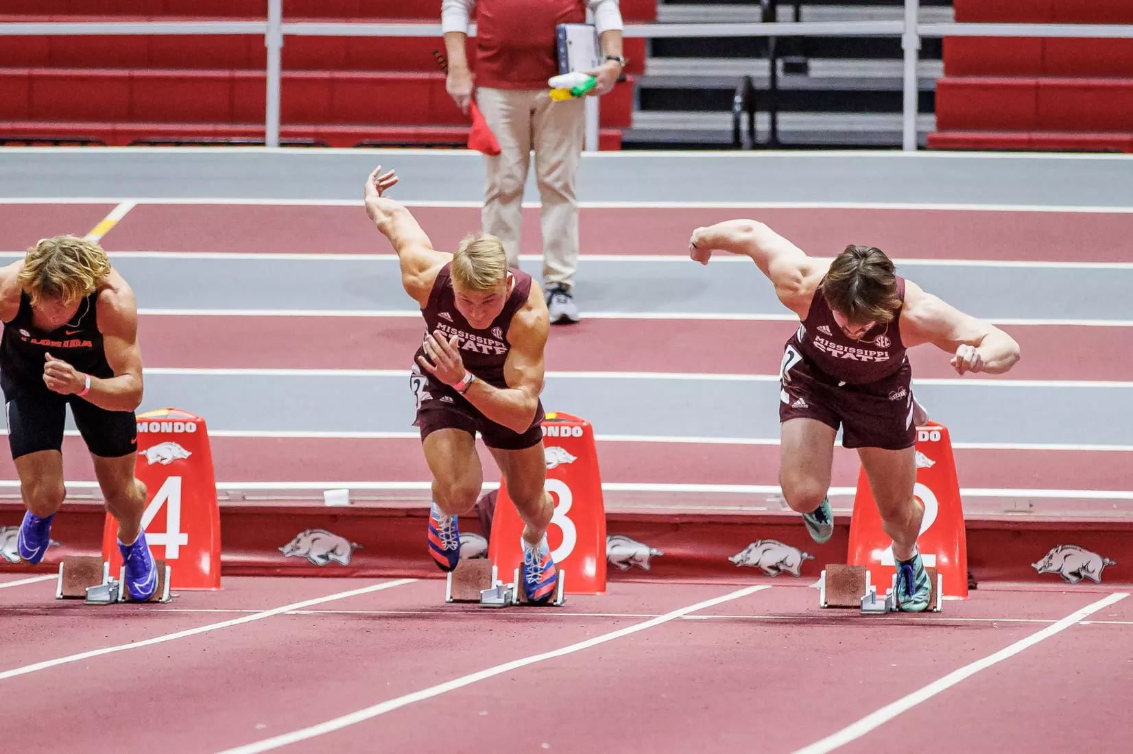 BIRMINGHAM, AL - January 26, 2024 - Mississippi State's Lewis Barber and Mississippi State's Sam Fisher during the Razorback Invitational at the Randal Tyson Track Center in Fayetteville, AR. Photo by Will Porada