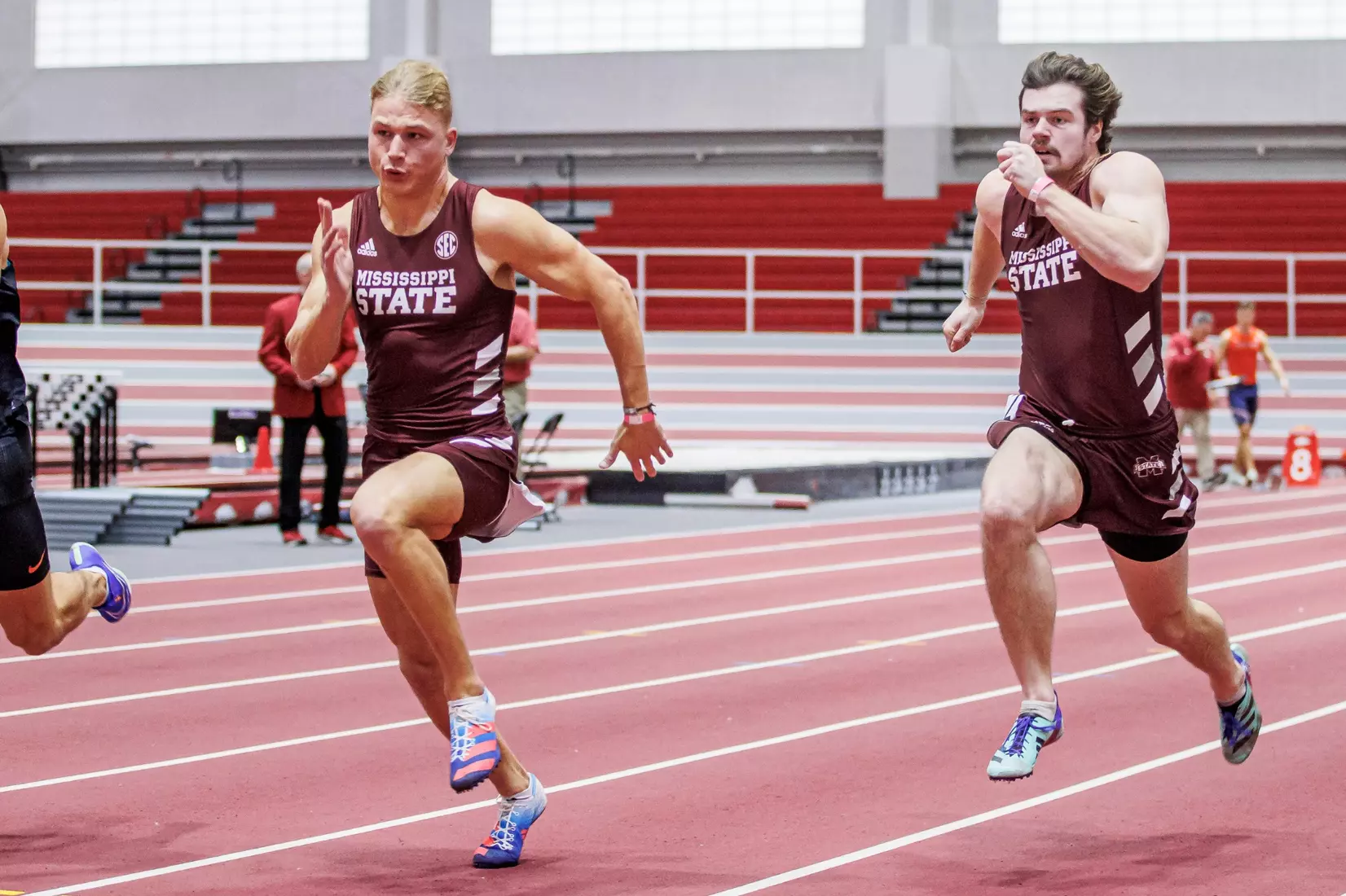 BIRMINGHAM, AL - January 26, 2024 - Mississippi State's Lewis Barber and Mississippi State's Sam Fisher during the Razorback Invitational at the Randal Tyson Track Center in Fayetteville, AR. Photo by Will Porada