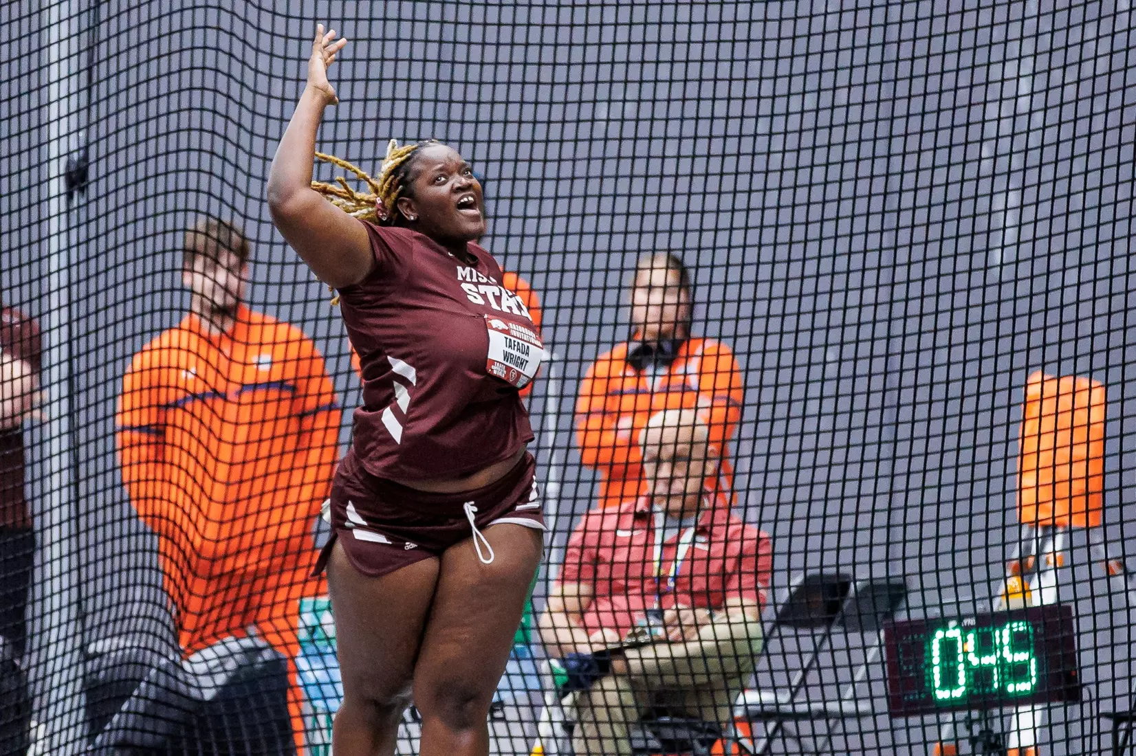 BIRMINGHAM, AL - January 26, 2024 - Mississippi State Thrower Tafada Wright during the Razorback Invitational at the Randal Tyson Track Center in Fayetteville, AR. Photo by Will Porada