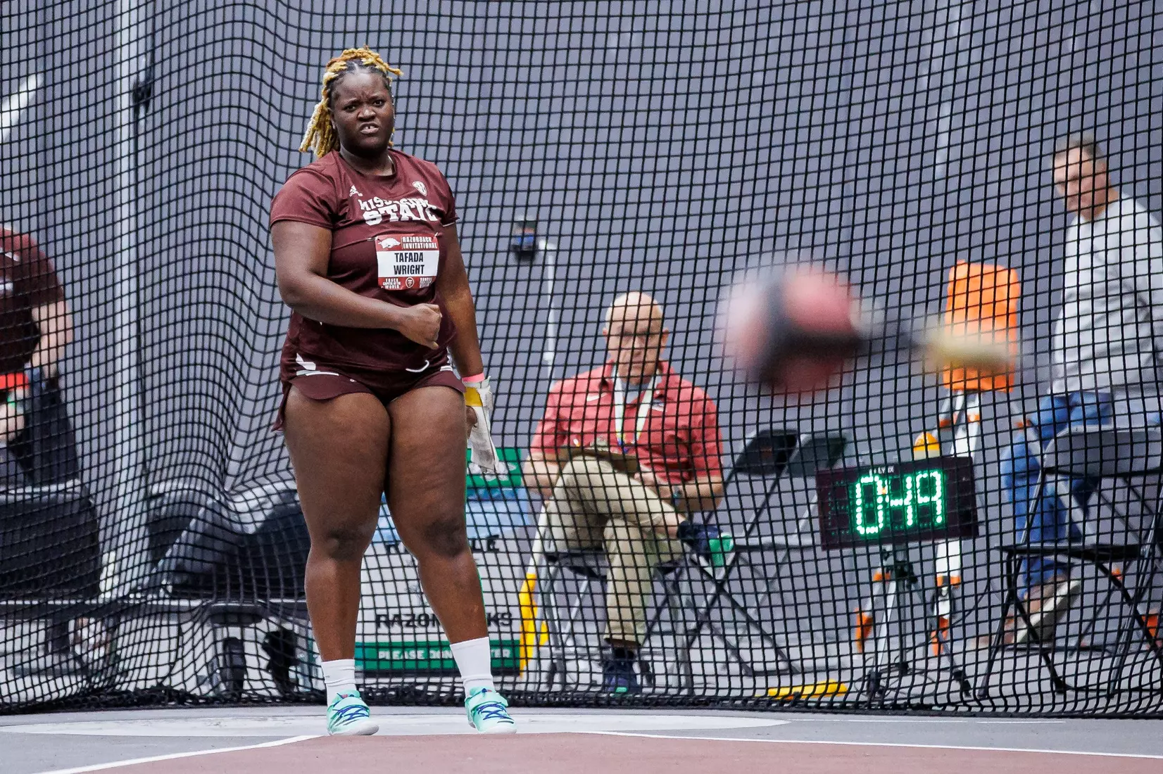 BIRMINGHAM, AL - January 26, 2024 - Mississippi State Thrower Tafada Wright during the Razorback Invitational at the Randal Tyson Track Center in Fayetteville, AR. Photo by Will Porada