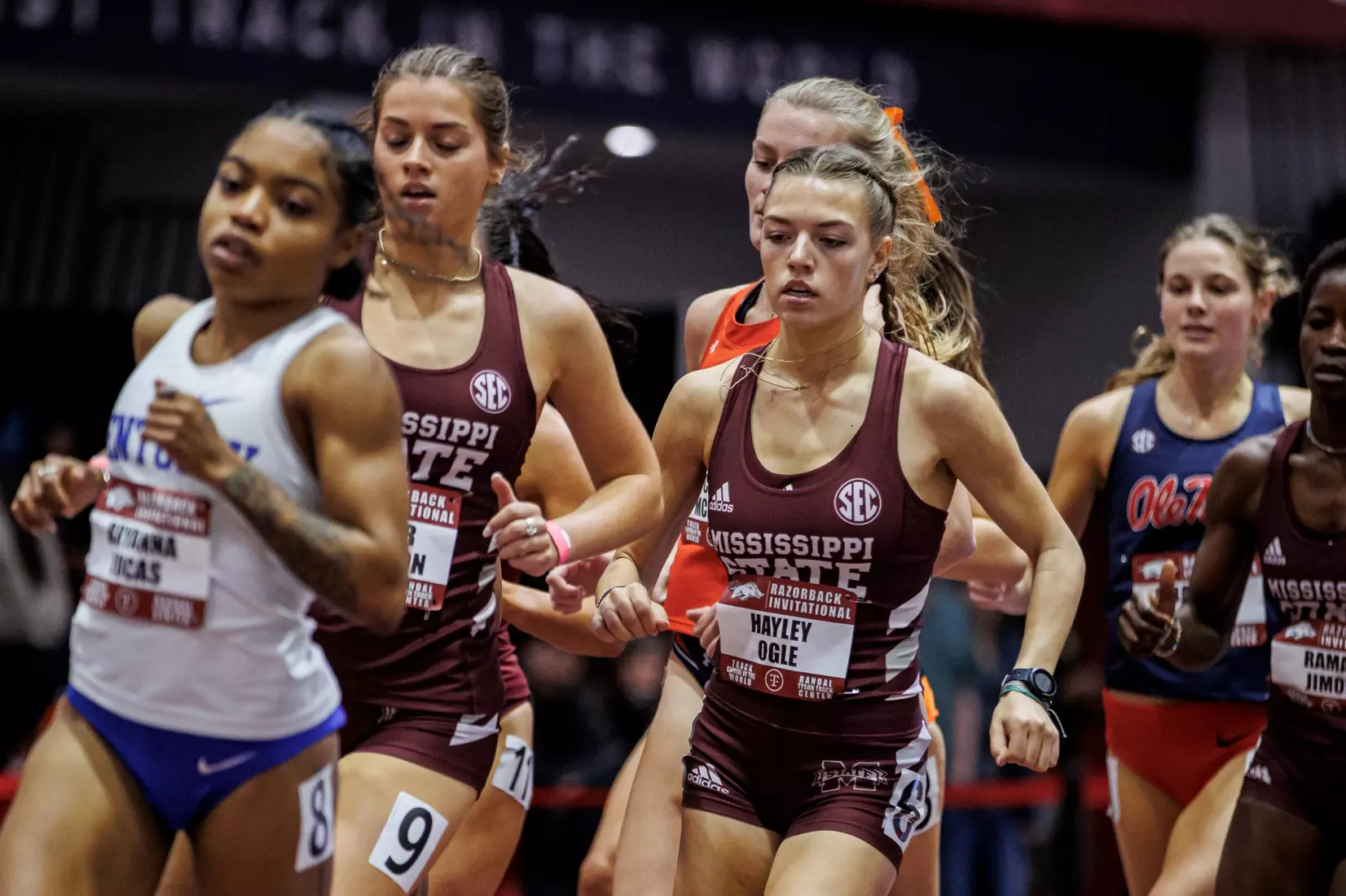 BIRMINGHAM, AL - January 26, 2024 - Mississippi State Distance Runner Hayley Ogle during the Razorback Invitational at the Randal Tyson Track Center in Fayetteville, AR. Photo by Will Porada