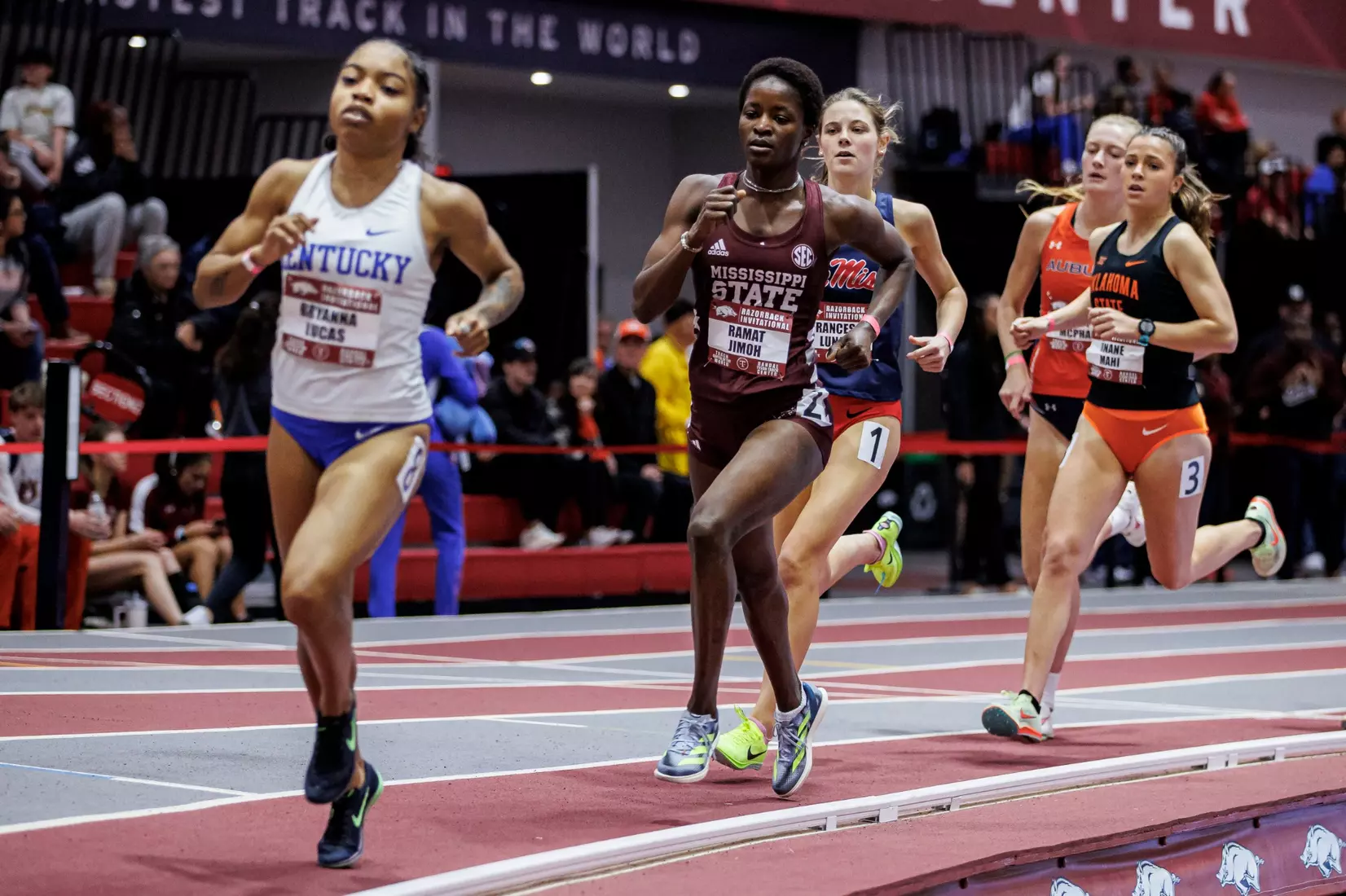 BIRMINGHAM, AL - January 26, 2024 - Mississippi State Middle Distance Runner Ramat Jimoh during the Razorback Invitational at the Randal Tyson Track Center in Fayetteville, AR. Photo by Will Porada