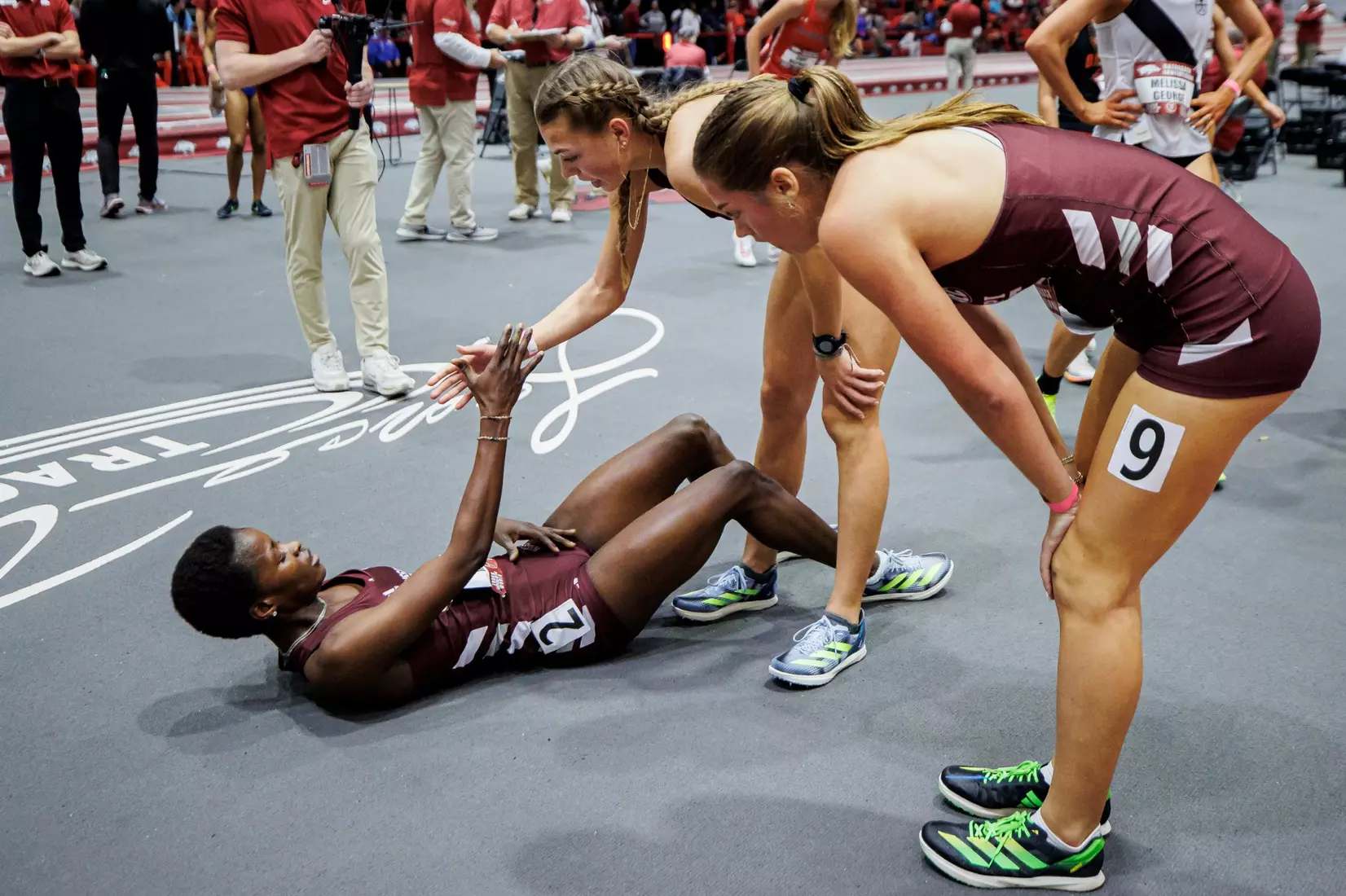 BIRMINGHAM, AL - January 26, 2024 - Mississippi State Distance Runner Hunter Anderson, Mississippi State Distance Runner Hayley Ogle, and Mississippi State Middle Distance Runner Ramat Jimoh during the Razorback Invitational at the Randal Tyson Track Center in Fayetteville, AR. Photo by Will Porada