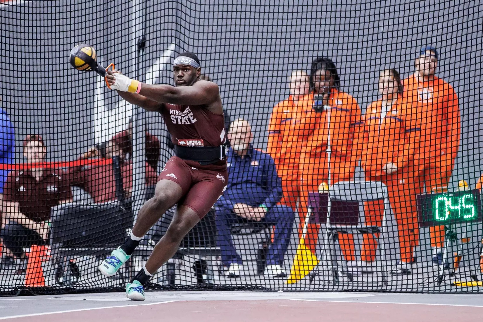 BIRMINGHAM, AL - January 26, 2024 - Mississippi State Thrower Roury McCloyen during the Razorback Invitational at the Randal Tyson Track Center in Fayetteville, AR. Photo by Will Porada