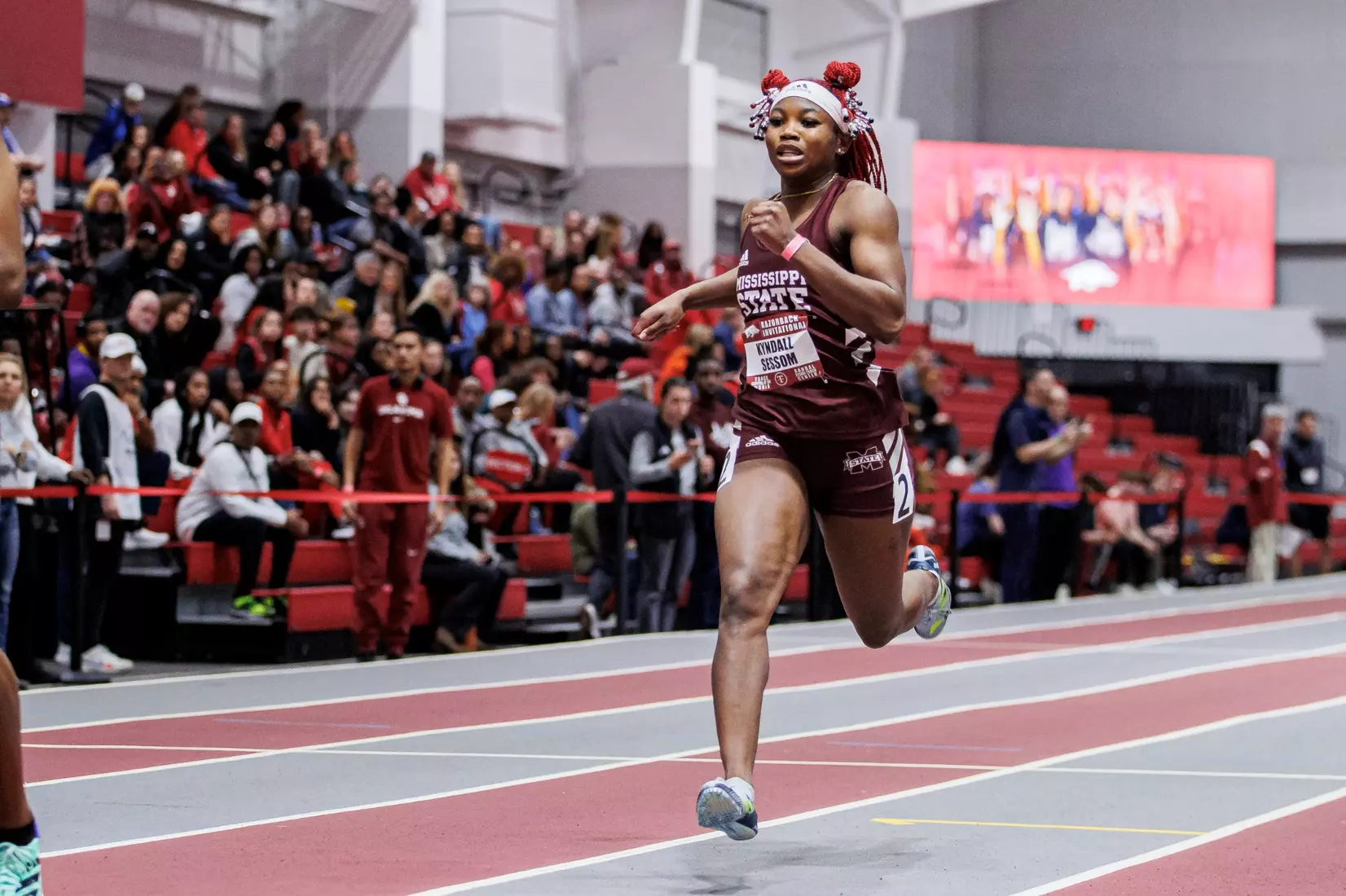 BIRMINGHAM, AL - January 26, 2024 - Mississippi State Sprinter Kyndall Sessom during the Razorback Invitational at the Randal Tyson Track Center in Fayetteville, AR. Photo by Will Porada