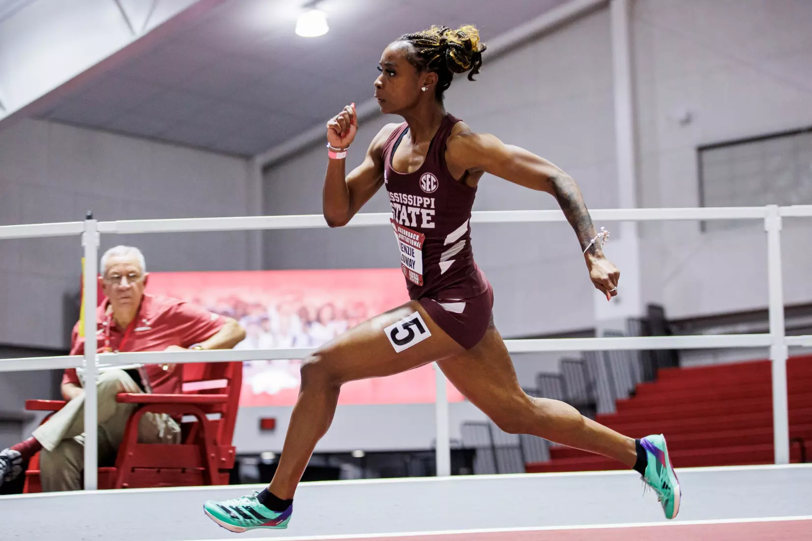 BIRMINGHAM, AL - January 26, 2024 - Mississippi State Sprinter McKenzie Calloway during the Razorback Invitational at the Randal Tyson Track Center in Fayetteville, AR. Photo by Will Porada