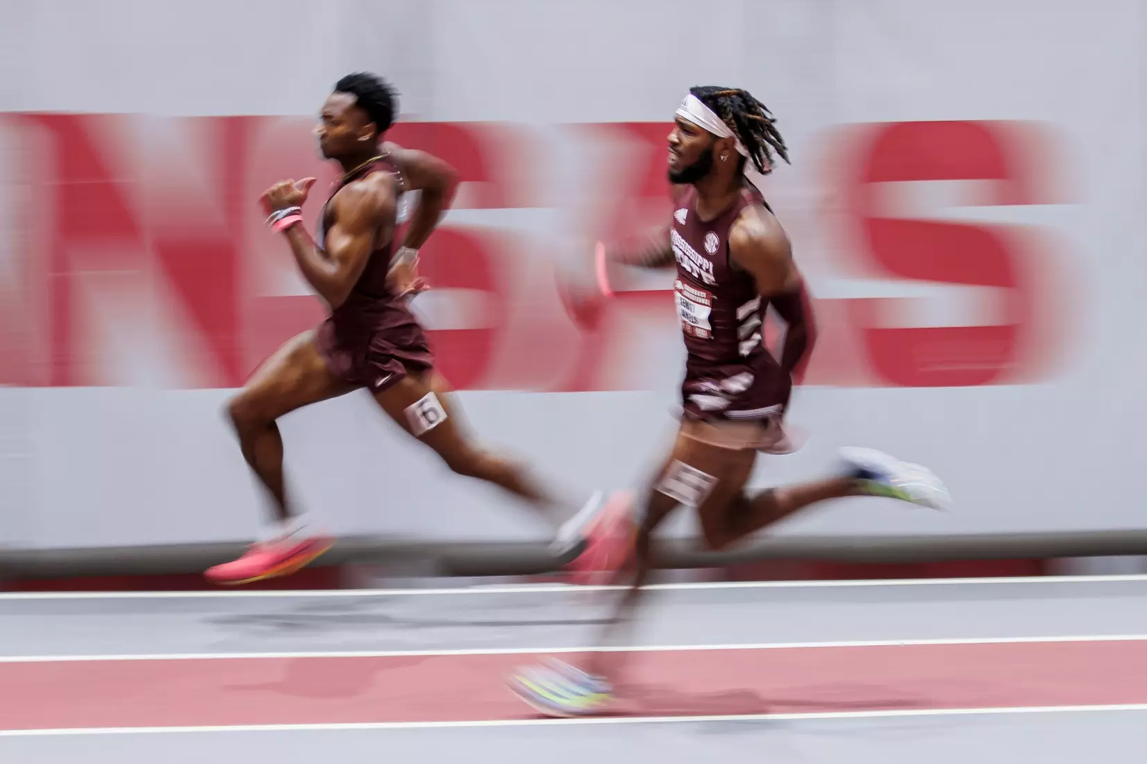 BIRMINGHAM, AL - January 26, 2024 - Mississippi State Sprinter Sema'J Daniels during the Razorback Invitational at the Randal Tyson Track Center in Fayetteville, AR. Photo by Will Porada