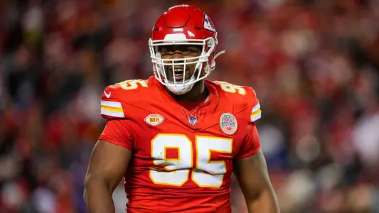 Dec 10, 2023; Kansas City, Missouri, USA; Kansas City Chiefs defensive tackle Chris Jones (95) reacts during the second half against the Buffalo Bills at GEHA Field at Arrowhead Stadium. Mandatory Credit: Jay Biggerstaff-USA TODAY Sports