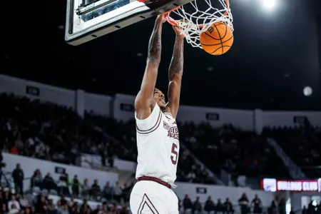 STARKVILLE, MS - January 27, 2024 - Mississippi State Guard Shawn Jones Jr. (#5) during the game between the Auburn Tigers and the Mississippi State Bulldogs at Humphrey Coliseum in Starkville, MS. Photo By Mike Mattina