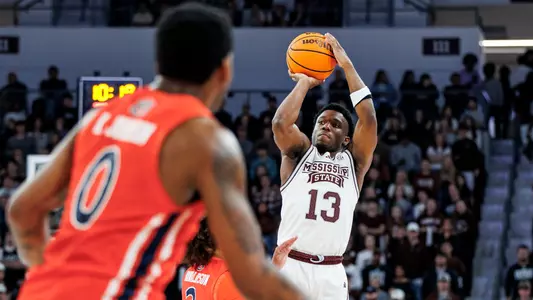 STARKVILLE, MS - January 27, 2024 - Mississippi State Guard Josh Hubbard (#13) during the game between the Auburn Tigers and the Mississippi State Bulldogs at Humphrey Coliseum in Starkville, MS. Photo By Mike Mattina