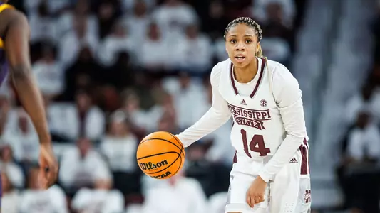 STARKVILLE, MS - January 29, 2024 - Mississippi State Guard Mjracle Sheppard (#14) during the game between the LSU Tigers and the Mississippi State Bulldogs at Humphrey Coliseum in Starkville, MS. Photo By Bailey Black