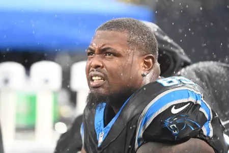 Dec 17, 2023; Charlotte, North Carolina, USA; Carolina Panthers guard Gabe Jackson (69) on the sidelines in the fourth quarter at Bank of America Stadium. Mandatory Credit: Bob Donnan-USA TODAY Sports