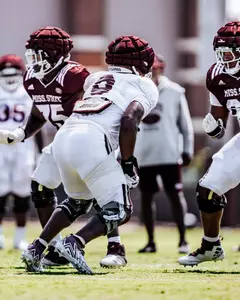 STARKVILLE, MS - August 09, 2024 - Mississippi State Linebacker Fred Clark (#0) during a training camp practice at the Leo Seal Jr. Football Complex at Mississippi State University in Starkville, MS. Photo By Natalie Clark