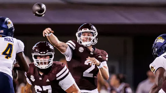 STARKVILLE, MS - September 14, 2024 - Mississippi State Quarterback Blake Shapen (#2) during the game between the Toledo Rockets and the Mississippi State Bulldogs at Davis Wade Stadium at Scott Field in Starkville, MS. Photo By Mike Mattina