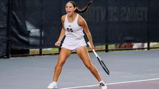 STARKVILLE, MS - April 14, 2024 - Mississippi State's Athina Pitta during the match between the Missouri Tigers and the Mississippi State Bulldogs at the AJ Pitts Tennis Centre in Starkville, MS. Photo By Mike Mattina