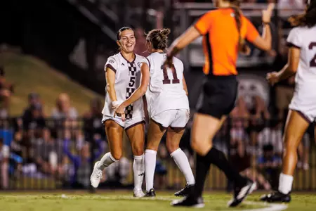 STARKVILLE, MS - October 13, 2024 - Mississippi State Midfielder Ally Perry (#5) and Mississippi State Midfielder/Forward Hannah Johnson (#11) during the match between the Missouri Tigers and the Mississippi State Bulldogs at the MSU Soccer Field in Starkville, MS. Photo By Mike Mattina