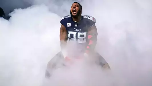 Tennessee Titans defensive tackle Jeffery Simmons (98) is introduced before a game against the Indianapolis Colts at Nissan Stadium in Nashville, Tenn., Sunday, Oct. 13, 2024.