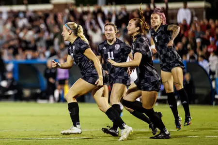 OXFORD, MS - October 18, 2024 - Mississippi State Centerfielder Zoe Main (#27), Mississippi State Midfielder/Forward Hannah Johnson (#11) , Mississippi State Defender Rylie Combs (#16) and Mississippi State Midfielder Macey Hodge (#4) during the match between the Ole Miss Rebels and the Mississippi State Bulldogs at the Ole Miss Soccer Field in Oxford, MS. Photo By Mike Mattina