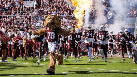 STARKVILLE, MS - October 19, 2024 - Mississippi State Mascot Bully during the game between the Texas A&M Aggies and the Mississippi State Bulldogs at Davis Wade Stadium at Scott Field in Starkville, MS. Photo By Will Porada