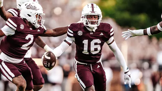 STARKVILLE, MS - October 19, 2024 - Mississippi State Safety Isaac Smith (#2) and Mississippi State Linebacker Zakari Tillman (#16) during the game between the Texas A&M Aggies and the Mississippi State Bulldogs at Davis Wade Stadium at Scott Field in Starkville, MS. Photo By Natalie Clark