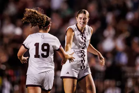 STARKVILLE, MS - October 24, 2024 - Mississippi State Forward Chelsea Wagner (#2) and Mississippi State Midfielder/Defender Kennedy Husbands (#19) during the match between the Kentucky Wildcats and the Mississippi State Bulldogs at the MSU Soccer Field in Starkville, MS. Photo By Mike Mattina