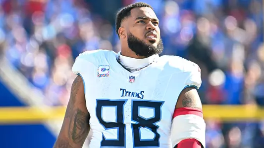 Oct 20, 2024; Orchard Park, New York, USA; Tennessee Titans defensive tackle Jeffery Simmons (98) looks to the scoreboard in the second quarter game against the Buffalo Bills at Highmark Stadium. Mandatory Credit: Mark Konezny-Imagn Images