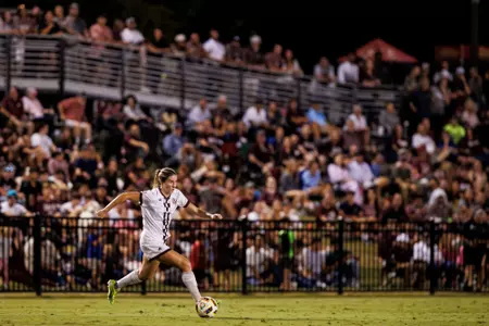 STARKVILLE, MS - October 04, 2024 - Mississippi State Midfielder/Forward Hannah Johnson (#11)  during the match between the Arkansas Razorbacks and the Mississippi State Bulldogs at the MSU Soccer Field in Starkville, MS. Photo By Mike Mattina