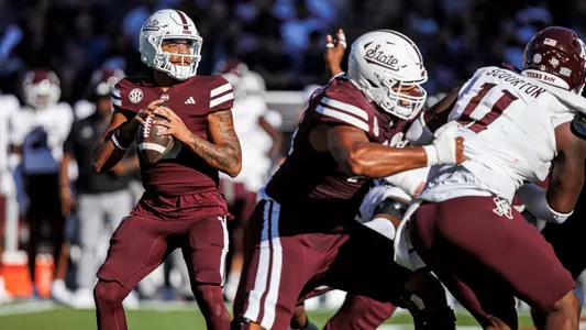 STARKVILLE, MS - October 19, 2024 - Mississippi State Quarterback Michael Van Buren Jr. (#0) during the game between the Texas A&M Aggies and the Mississippi State Bulldogs at Davis Wade Stadium at Scott Field in Starkville, MS. Photo By Will Porada