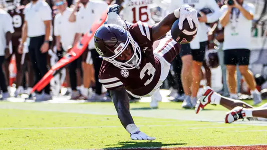 STARKVILLE, MS - October 26, 2024 - Mississippi State Wide Receiver Kevin Coleman (#3) during the game between the Arkansas Razorbacks and the Mississippi State Bulldogs at Davis Wade Stadium at Scott Field in Starkville, MS. Photo By Mike Mattina