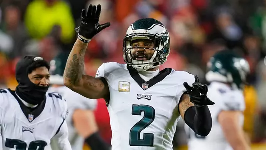 Nov 20, 2023; Kansas City, Missouri, USA; Philadelphia Eagles cornerback Darius Slay (2) waves to fans after defeating the Kansas City Chiefs at GEHA Field at Arrowhead Stadium. Mandatory Credit: Jay Biggerstaff-USA TODAY Sports