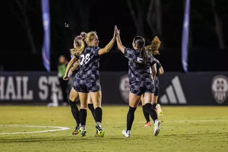 STARKVILLE, MS - November 16, 2024 - Mississippi State Defender Price Loposer (#28) and Mississippi State Midfielder Ally Perry (#5) during the match between the Southern University Jaguars and the Mississippi State Bulldogs at the MSU Soccer Field in Starkville, MS. Photo By Ivy Rose Ball