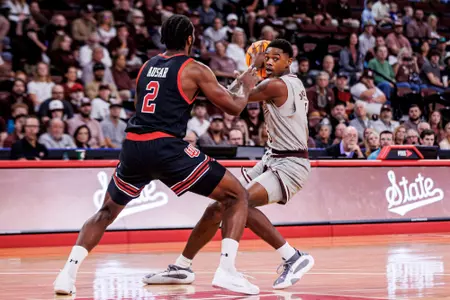 SOUTHAVEN, MS - November 17, 2024 - Mississippi State Guard Shawn Jones Jr. (#5) during the game between the Utah Utes and the Mississippi State Bulldogs at The Landers Center in Southaven, MS. Photo By Mike Mattina