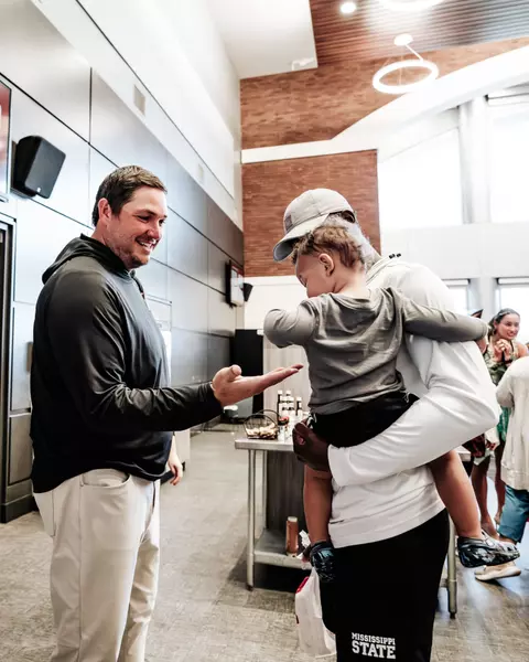 STARKVILLE, MS - October 30, 2024 - Mississippi State Head Coach Jeff Lebby during DAWG Program Halloween Fashion Show at the Leo Seal Jr. Football Complex at Mississippi State University in Starkville, MS. Photo By Natalie Clark