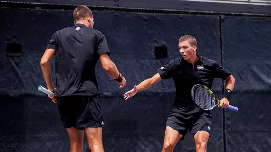 STARKVILLE, MS - May 04, 2024 - Mississippi State's Petar Jovanovic and Mississippi State's Benito Sanchez Martinez during the match between the Middle Tennessee Blue Raiders and the Mississippi State Bulldogs at the AJ Pitts Tennis Centre in Starkville, MS. Photo By Jaden Powell