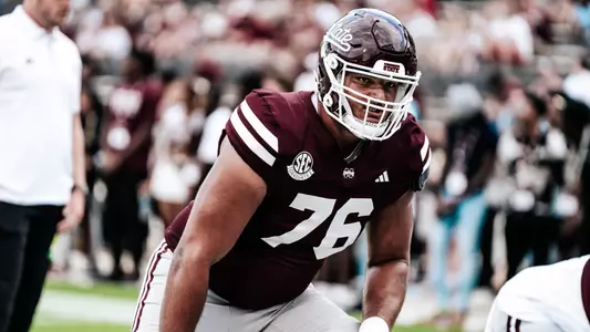 STARKVILLE, MS - September 14, 2024 - Mississippi State Offensive Lineman Albert Reese IV (#76) during the game between the between the Toledo Rockets and the Mississippi State Bulldogs at Davis Wade Stadium at Scott Field in Starkville, MS. Photo By Natalie Clark