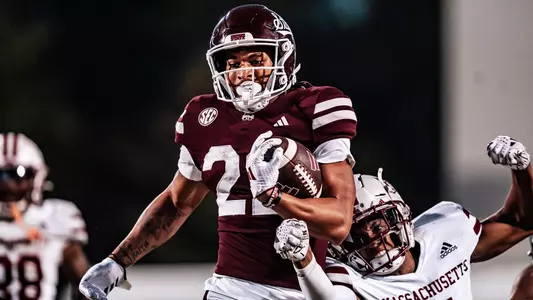 STARKVILLE, MS - November 02, 2024 - Mississippi State Running Back Xavier Gayten (#22) during the game between the UMass Minute Men and the Mississippi State Bulldogs at Davis Wade Stadium at Scott Field in Starkville, MS. Photo By Natalie Clark