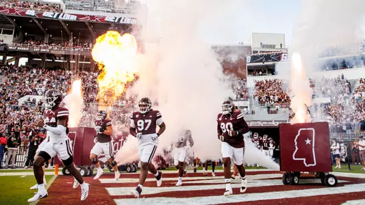 STARKVILLE, MS - November 02, 2024 - Mississippi State Running Back Keyvone Lee (#24), Mississippi State Offensive Lineman Grant Jackson (#52), Mississippi State Defensive Lineman Terrance Hibbler (#97) and Mississippi State Defensive End Kai McClendon (#90) during the game between the UMass Minute Men and the Mississippi State Bulldogs at Davis Wade Stadium at Scott Field in Starkville, MS. Photo By Mike Mattina