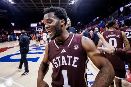 DALLAS, TX - November 22, 2024 - Mississippi State Guard Kanye Clary (#1) during the game between the SMU Mustangs and the Mississippi State Bulldogs at Moody Coliseum in Dallas, TX. Photo By Mike Mattina