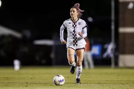 STARKVILLE, MS - November 22, 2024 - Mississippi State Midfielder Macey Hodge (#4) during the NCAA Tournament Second Round match between the Washington Huskies and the Mississippi State Bulldogs at the MSU Soccer Field in Starkville, MS. Photo By Hallie Walker