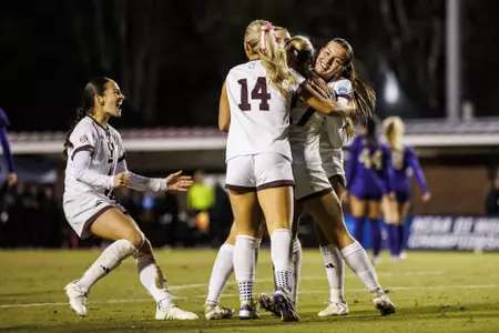 STARKVILLE, MS - November 22, 2024 - Mississippi State Forward Alexis Gutierrez (#7), Mississippi State Midfielder Kara Harris (#14), Mississippi State Midfielder/Forward Hannah Johnson (#11), Mississippi State Centerfielder Zoe Main (#27) and Mississippi State Midfielder Ally Perry (#5) during the NCAA Tournament Second Round match between the Washington Huskies and the Mississippi State Bulldogs at the MSU Soccer Field in Starkville, MS. Photo By Hallie Walker