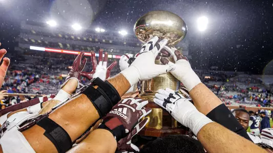 OXFORD, MS - November 24, 2022 - The Golden Egg Trophy after the Battle for the Golden Egg between the Mississippi State Bulldogs and the Ole Miss Rebels at Vaught Hemingway Stadium in Oxford, MS. Photo By Kevin Snyder